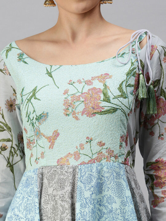 Floral Printed Round Neck Cotton Maxi Ethnic Dress