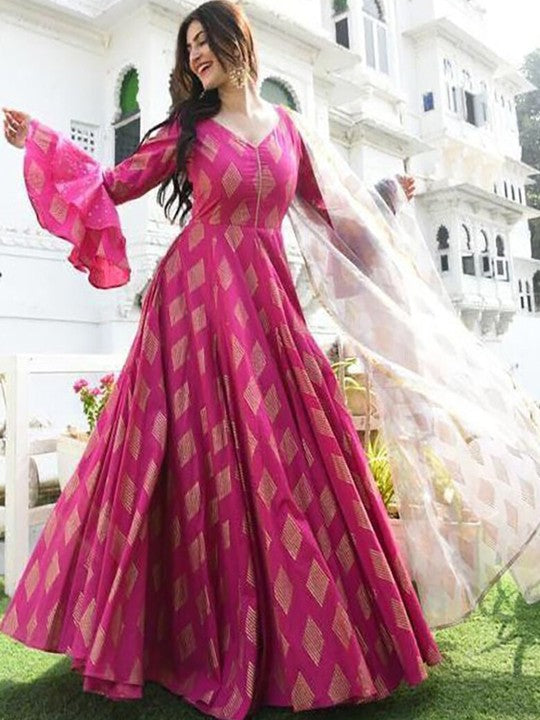 Printed Bell Sleeves V-neck Maxi Ethnic Dress with Dupatta