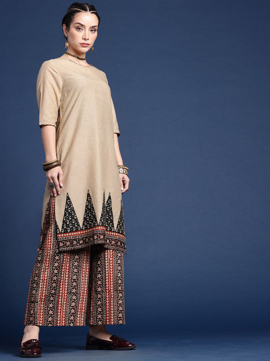 Taavi Bagru Ethnic Motifs Printed Pure Cotton Kurta with Trousers & Dupatta