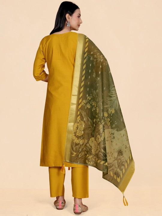 WINE LADY Floral Yoke Design Regular Thread Work Kurta with Trousers & Dupatta