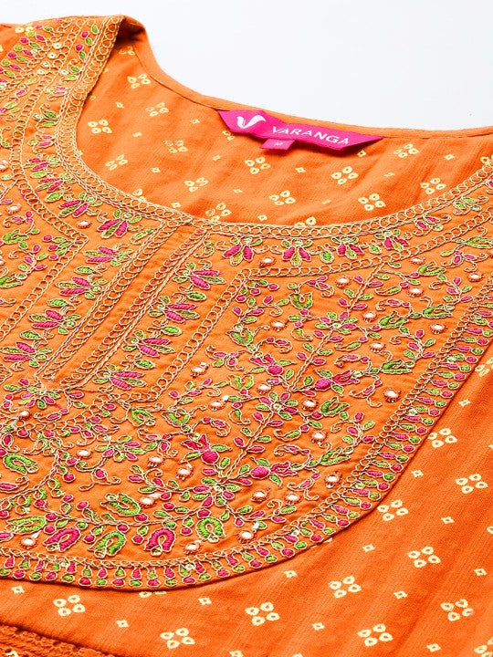 Varanga Ethnic Motifs Embroidered Pleated Mirror Work Pure Cotton Kurta Set