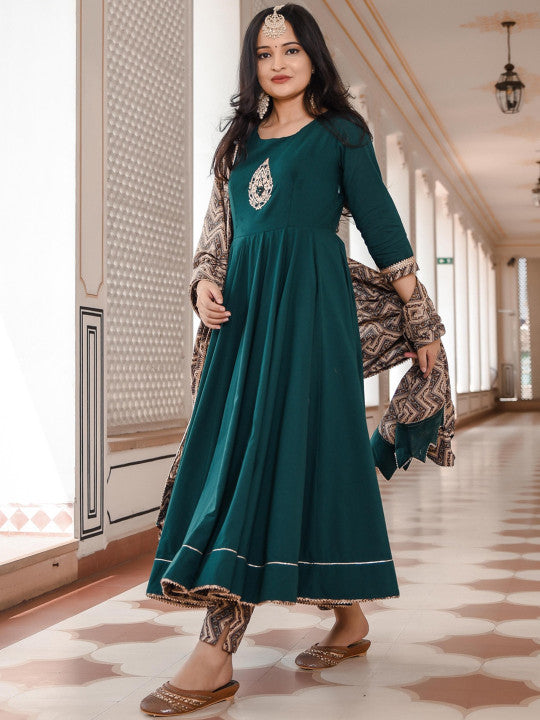 Indian Virasat Women Sea Green Empire Gotta Patti Pure Cotton Kurta Trousers & Dupatta