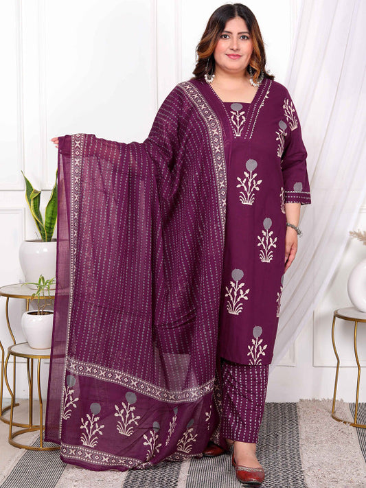 Floral Printed Pure Cotton Straight Kurta With Trouser And Dupatta