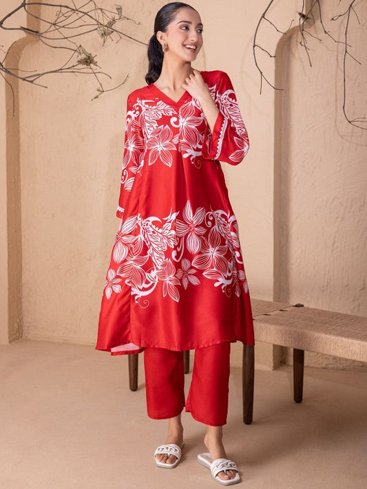 Floral Printed V-Neck Flared Sleeves Tunic With Trouser