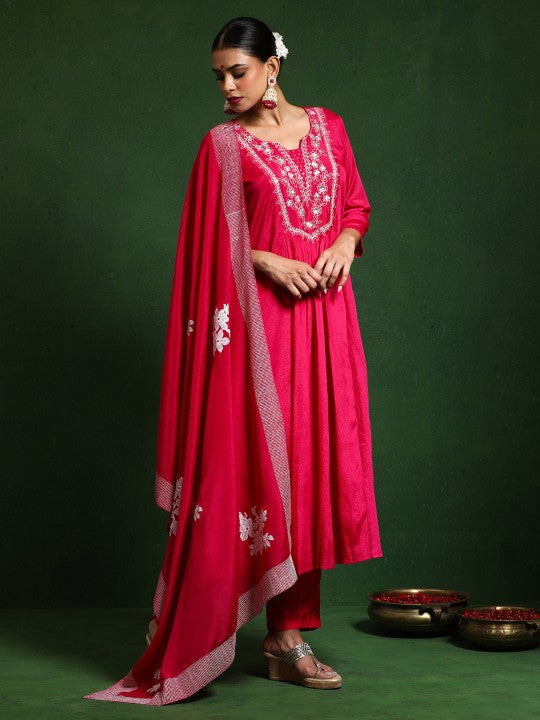 Varanga Floral Embroidered Thread Work Notch Neck A-Line Kurta
