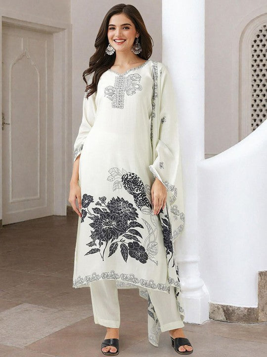 Ishin Floral Printed Pure Cotton Straight Kurta With Trouser & Dupatta