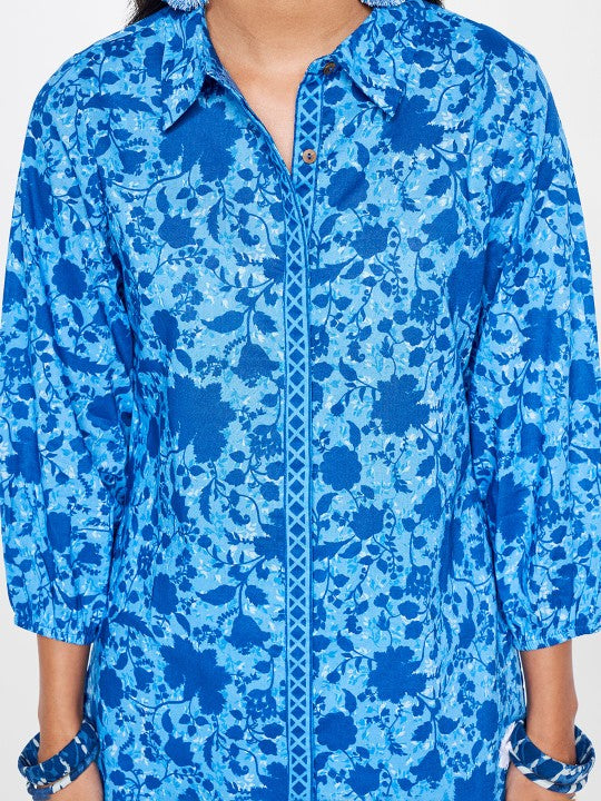 Global Desi Floral Printed Pure Cotton Longline Shirt & Trouser Co-ords Set