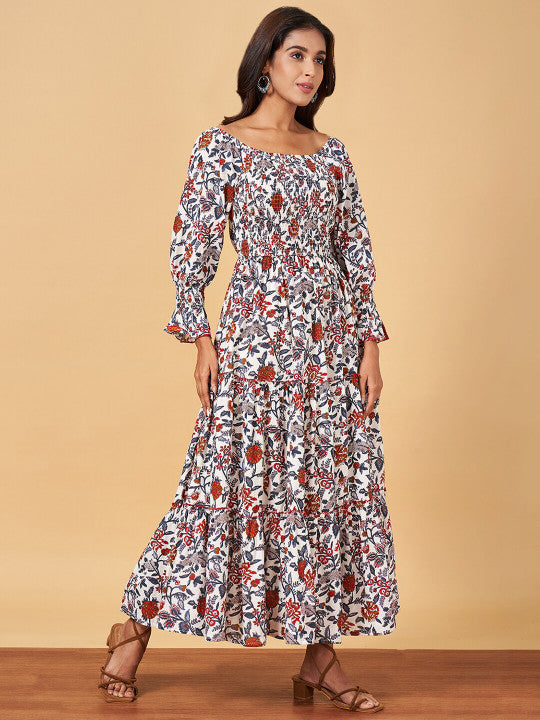 YU by Pantaloons Floral Printed Puff Sleeve Pure Cotton Fit & Flare Maxi Ethnic Dresses