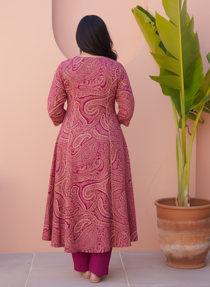 Viscose Paisley Flared Purple Kurta
