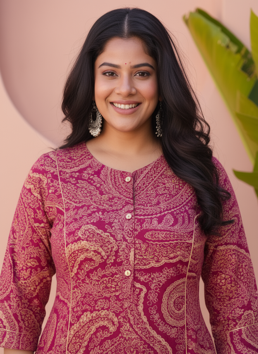 Viscose Paisley Flared Purple Kurta