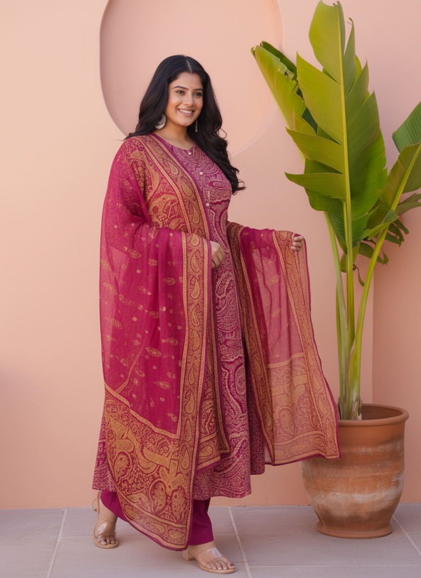 Viscose Paisley Flared Purple Kurta