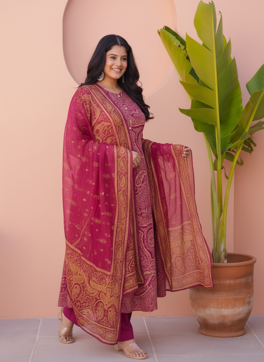 Viscose Paisley Flared Purple Kurta