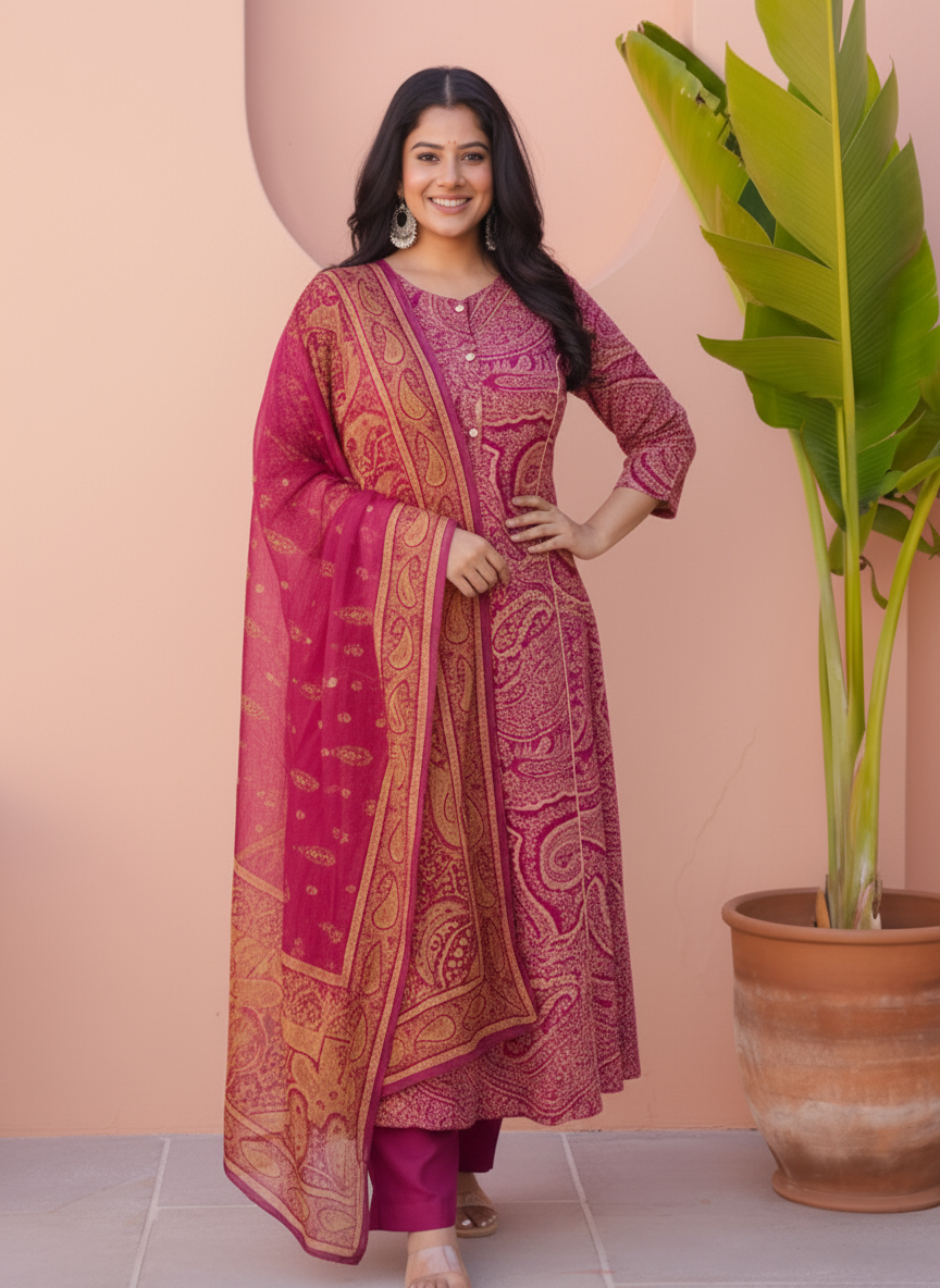 Viscose Paisley Flared Purple Kurta