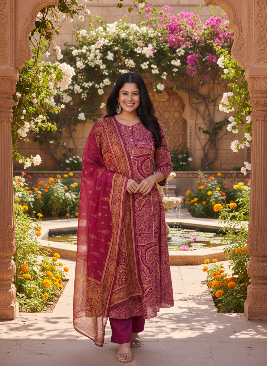 Viscose Paisley Flared Purple Kurta
