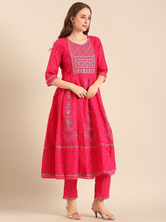 Anouk Women Floral Embroidered Regular Pure Cotton Kurta with Trousers & With Dupatta
