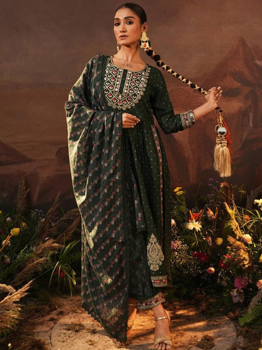 Ishin Geometric Printed Zari Anarkali Kurta With Trousers And Dupatta