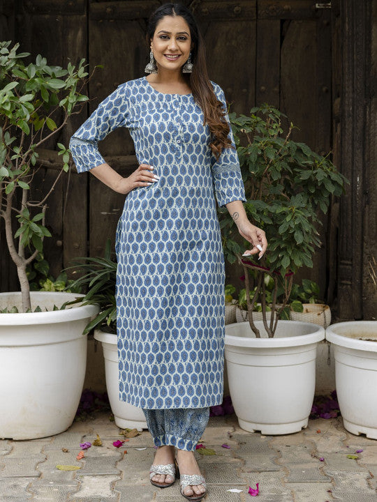 Printed Pure Cotton Straight Kurta With Salwar & Dupatta