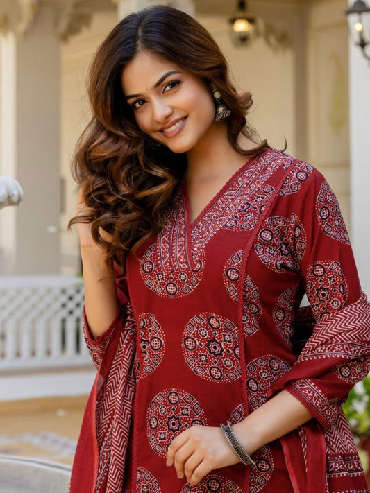 Anouk Women Printed Regular Mirror Work Pure Cotton Kurta with Palazzos & With Dupatta