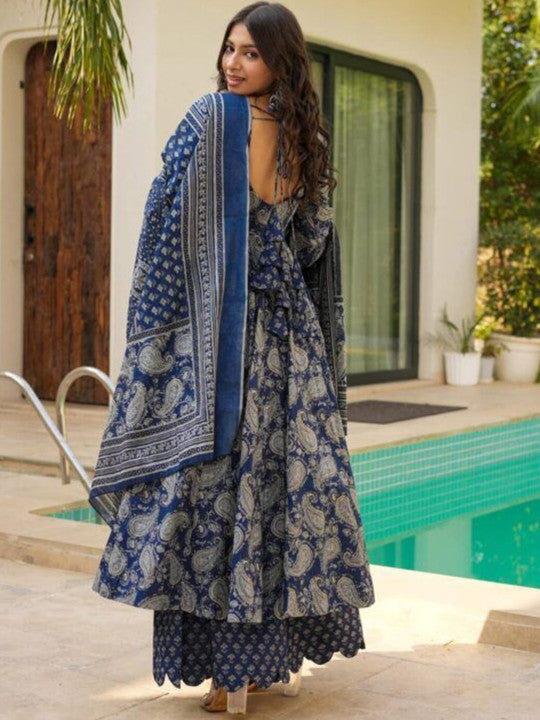 Idaho Clothing Dewy Paisley Printed Pure Cotton Anarkali Kurta With Palazzo & Dupatta