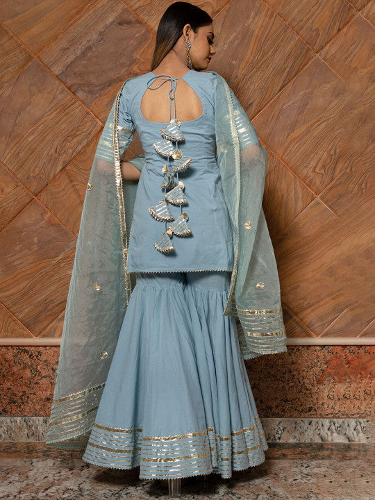 Neck Short Sleeves Gotta Patti Pure Cotton Kurta with Sharara & Dupatta