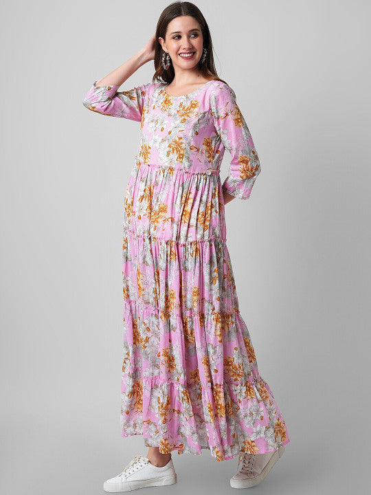 Haute and Humble Floral Printed Pure Cotton Maxi Ethnic Dress