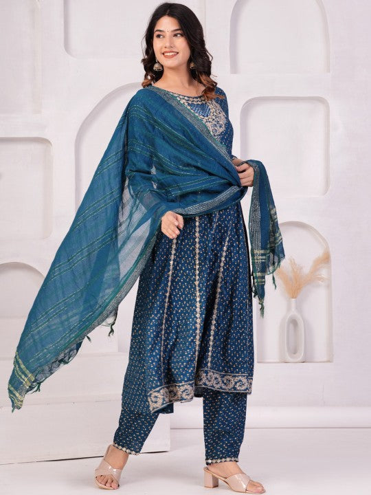 TOULIN Ethnic Motifs Printed Panelled Thread Work Kurta With Trousers & Dupatta