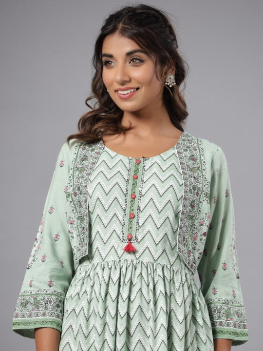 Printed Fit and Flare Midi Ethnic Dresses With Short Jacket