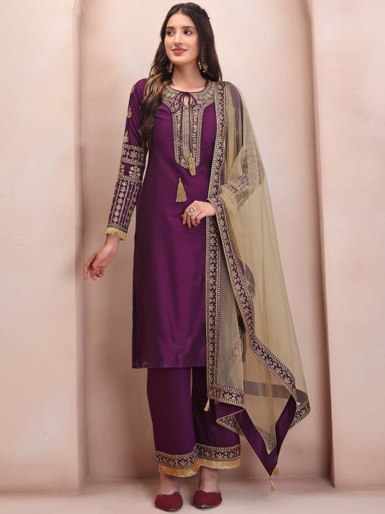 Inddus Purple Ethnic Motifs Embroidered Kurta
