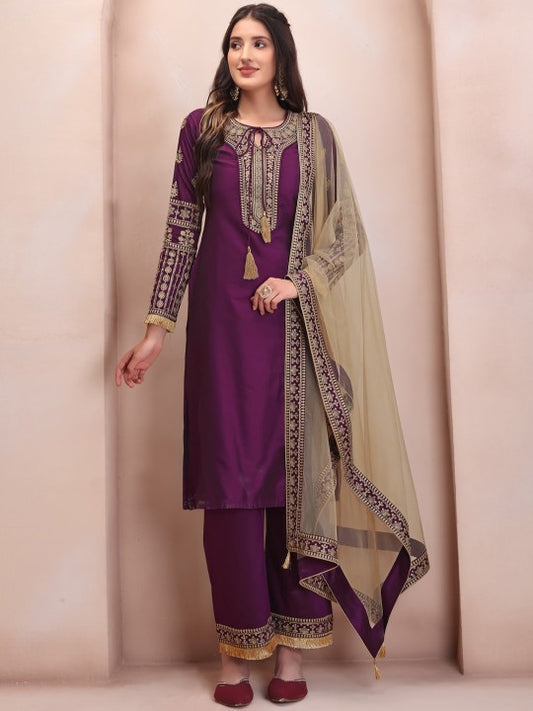Inddus Purple Ethnic Motifs Embroidered Kurta