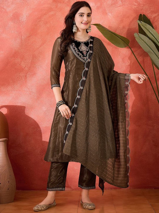 Floral Yoke Design Round Neck Sequinned A-Line Kurta