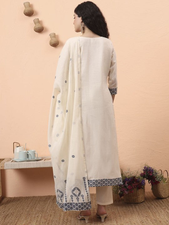 Yufta Floral Embroidered Pure Cotton Round Neck Straight Kurta With Trousers And Dupatta