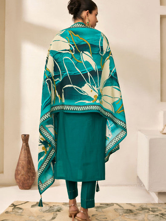 WOMEN PLUS Plus Size Floral Yoke Design Thread Work Kurta With Trousers & Dupatta