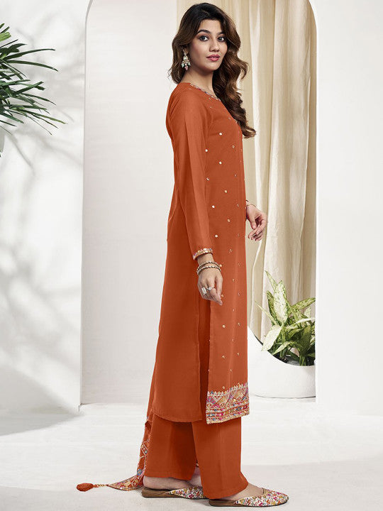 Inddus Ethnic Motifs Embroidered Regular Sequinned Kurta With Trouser With Dupatta