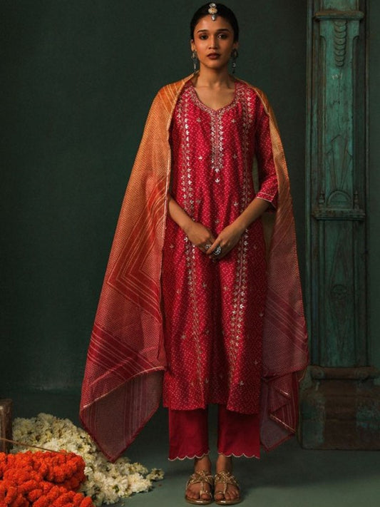 Heritage Bandhani Printed Notch Neck Gotta Patti Pure Cotton Kurta & Trouser With Dupatta