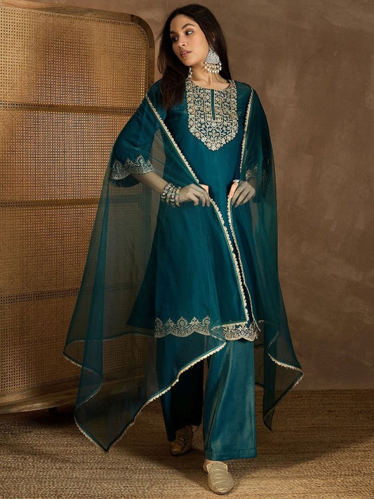 Inddus Floral Sequinned Embroidered Round Neck Kurta