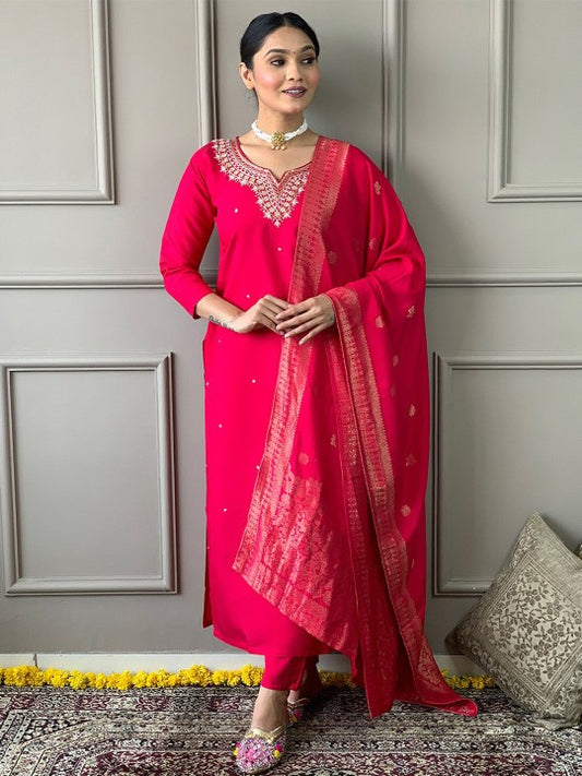 Ishin Women Floral Embroidered Straight Kurta With Trousers & Dupatta