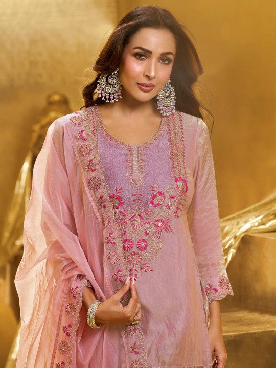 Inddus Women Embroidered Crushed Organza Silk Kurta Set with Dupatta