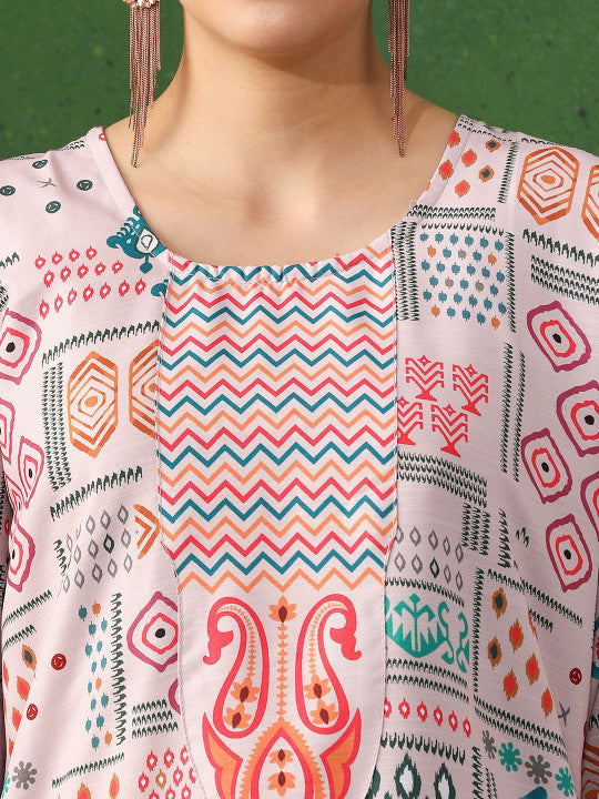 Jaipur Kurti Geometric Printed Pure Cotton Straight Kurta With Trousers & Dupatta