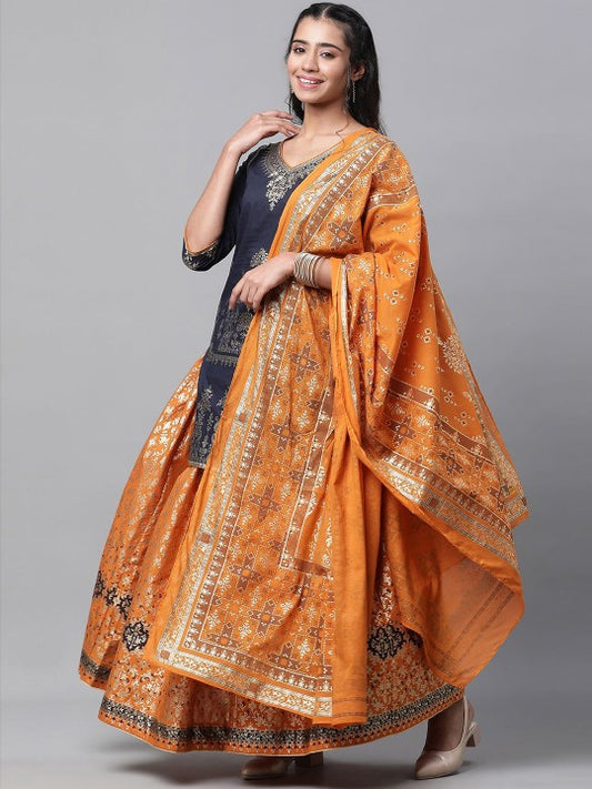 AURELIA Women Printed Pure Cotton Kurta with Skirt & With Dupatta