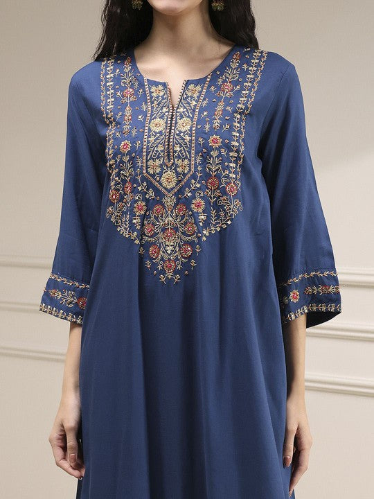 Biba Floral Yoke Design Notch Neck Sequinned Kurta With Palazzo & Dupatta