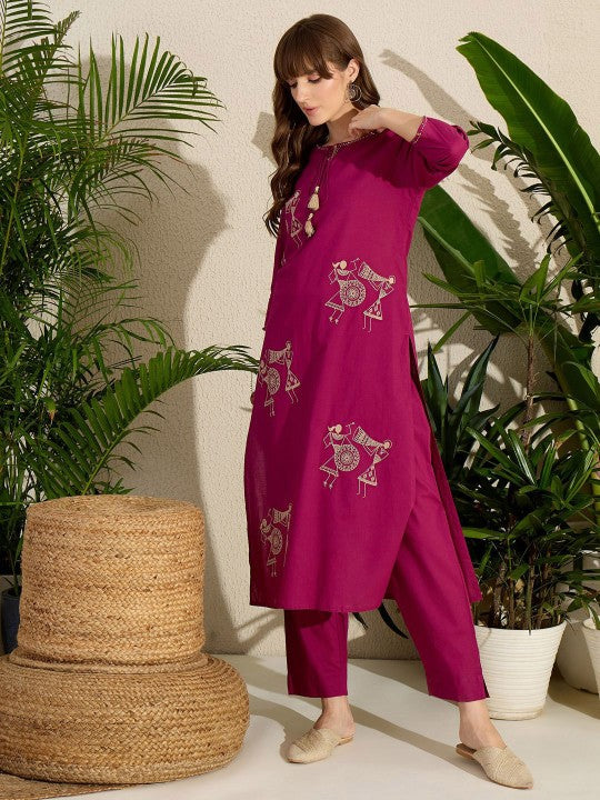 Indo Era Embroidered Round Neck Straight Pure Cotton Kurta & Trousers