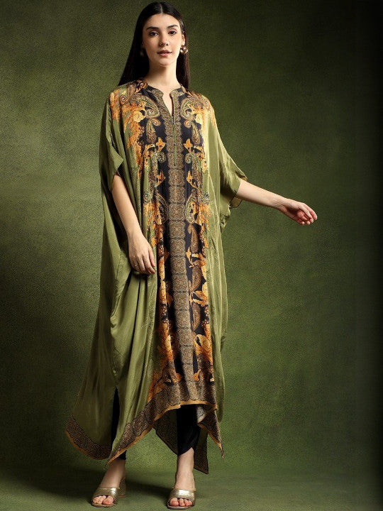 Printed Kaftan Sequinned Pure Silk Kurta With Trouser