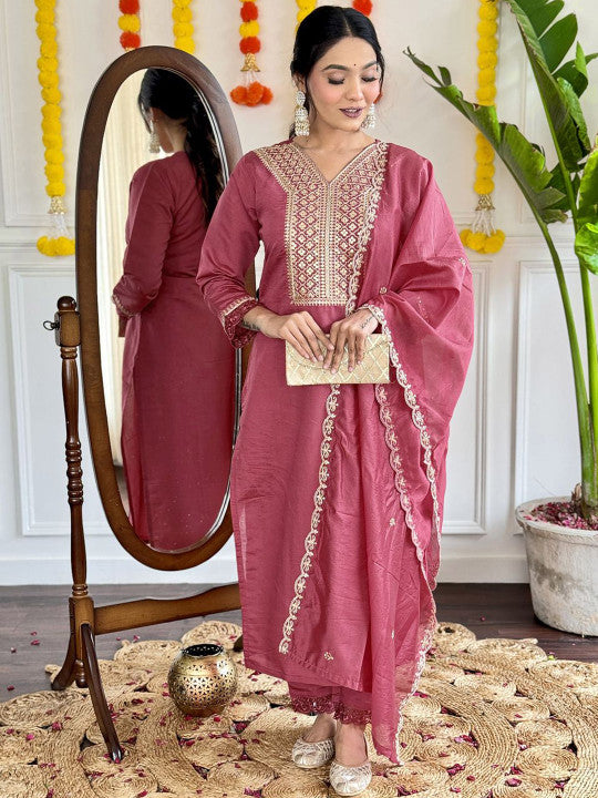 ASCIIBLUES Women Ethnic Motifs Embroidered Regular Thread Work Kurta with Trousers & With Dupatta