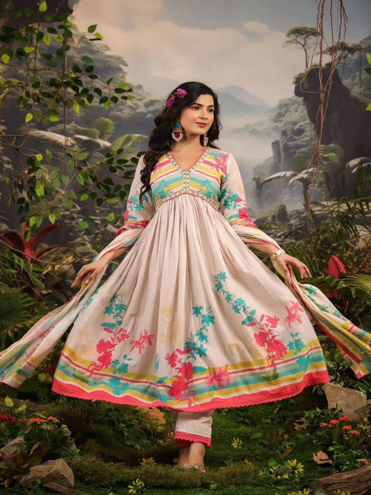 AARAAS Floral Printed Thread Work Anarkali Pure Cotton Kurta With Trousers And Dupatta