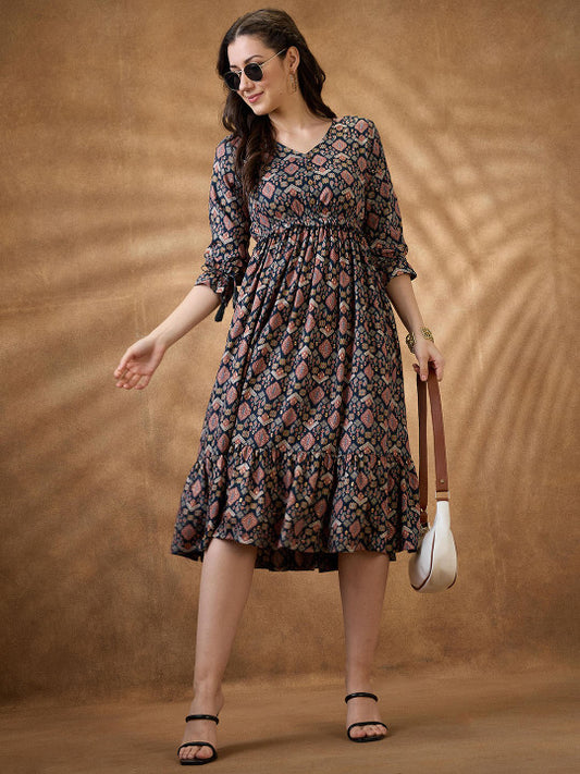 Globus Ethnic Motifs V-Neck Tie-Up Sleeves Frill Detail Tiered Midi A-Line Fusion Dress