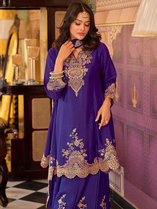 Indo Era Floral Embroidered Sequinned Chinon A-Line Kurta With Palazzos & Dupatta