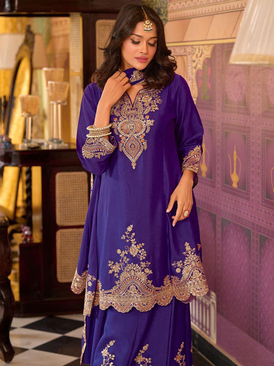 Indo Era Floral Embroidered Sequinned Chinon A-Line Kurta With Palazzos & Dupatta