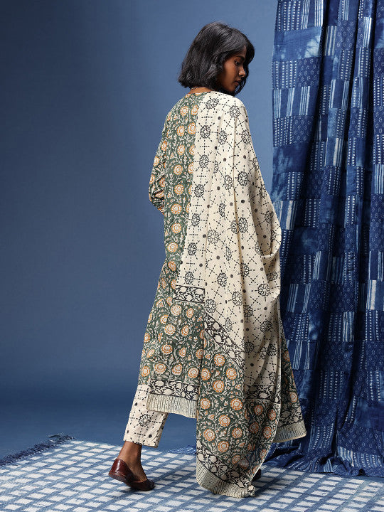 Taavi Bagru Ethnic Motifs Printed Pure Cotton Straight Kurta With Trousers & Dupatta