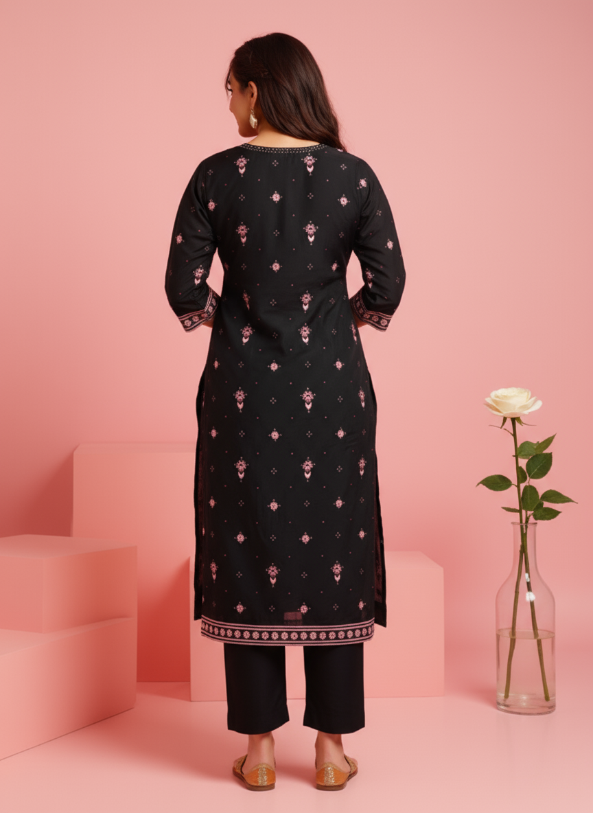 Embroidered Poly Chanderi Geometric Straight Black Kurta
