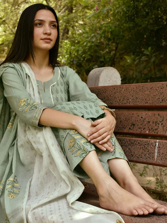 Green Block Print Cotton Set (Set of 3)
